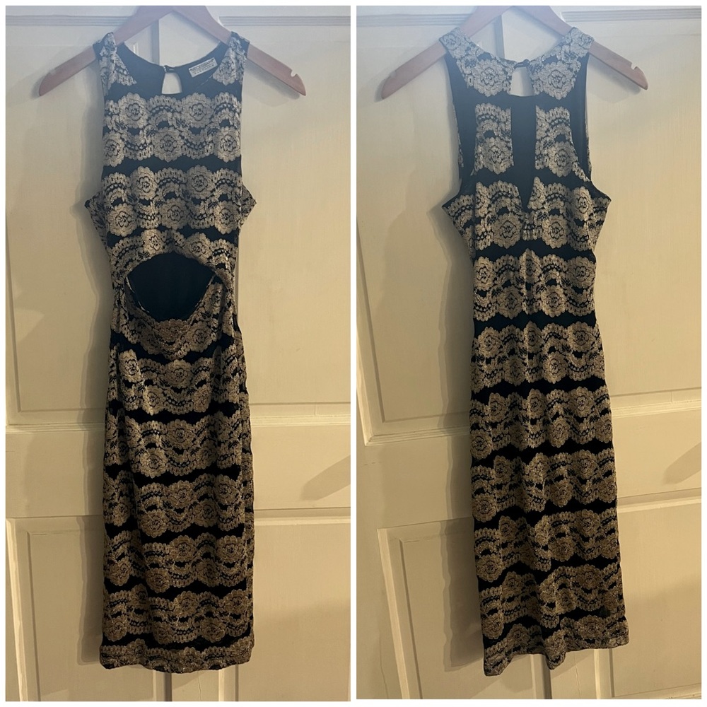 Y2K Lace bodycon cut out Black and gold Midi Dress